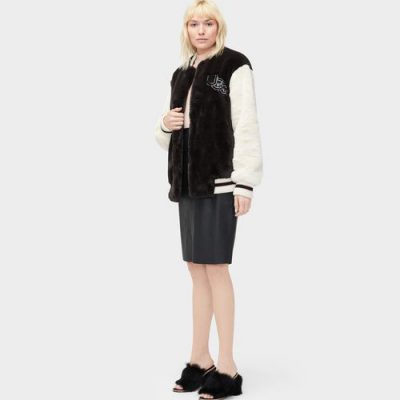 UGG Halie Faux Fur Varsity Jacket voor Dames in Black/Cream, maat XL