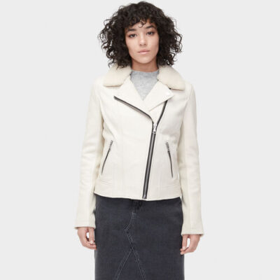UGG Andee Leather Cycle Jacket voor Dames in Stone, maat S | Leder