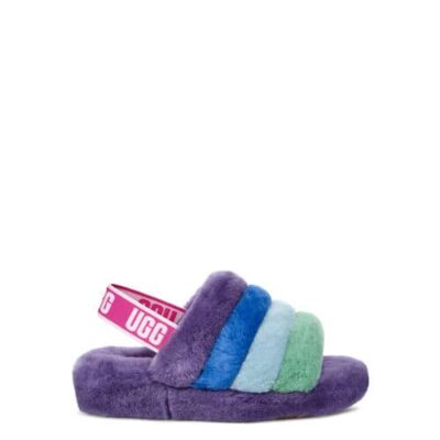 UGG Fluff Yeah Logo Slide Sandalen in Pride Rainbow Purple, maat W 40 / M 42 | Shearling