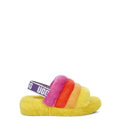 UGG Fluff Yeah Logo Slide Sandalen in Pride Rainbow Yellow, maat W 39 / M 41 | Shearling