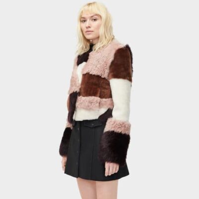 UGG Hal Patchwork Short Fur Jacket voor Dames in Port Multi, maat L | Shearling