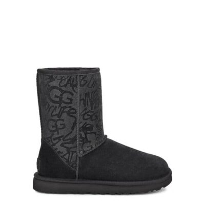 UGG Classic Short Sparkle Graffiti Laarzen voor Dames in Black, maat 36 | Suede