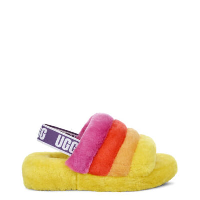 UGG Fluff Yeah Slide Sandalen in Pride Rainbow Yellow, maat W 40 / M 42 | Synthetisch