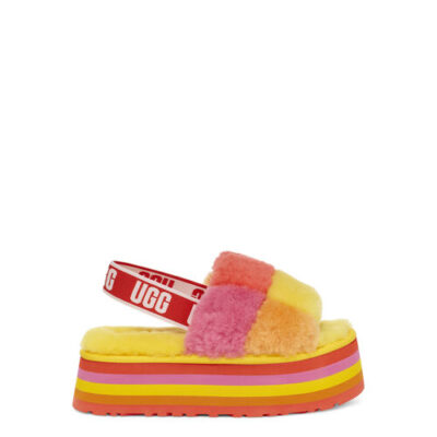 UGG W Disco Checker Slide voor Dames in Pride Rainbow Yellow, maat 41 | Shearling