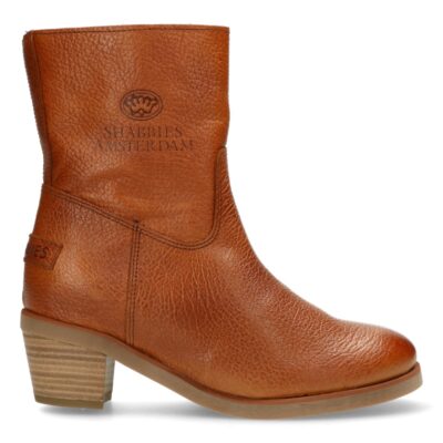 Shabbies Enkellaars met hak structuurleer cognac