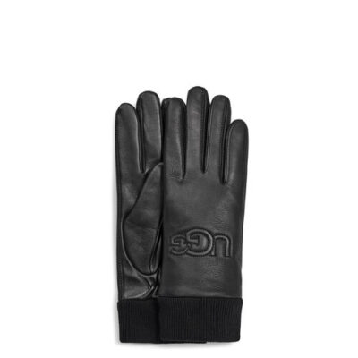UGG Knit Cuff Leather Logo Handschoenen voor Dames in Black, maat M | Leder