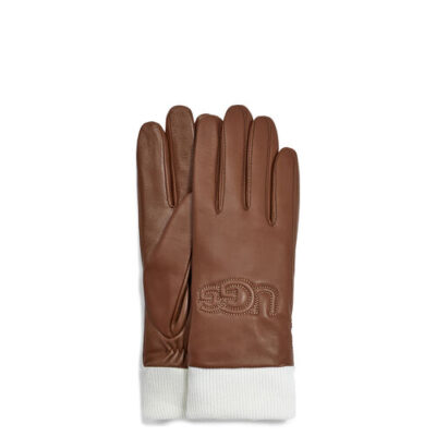 UGG Knit Cuff Leather Logo Glove in Chestnut, maat L