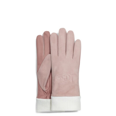 UGG Knit Cuff Leather Logo Glove in Pink Crystal, maat M