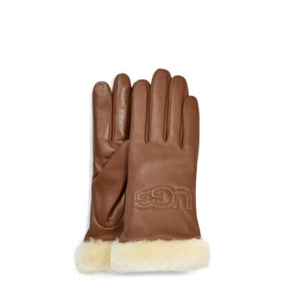 UGG Classic Leather Logo Handschoenen voor Dames in Chestnut, maat M | Leder